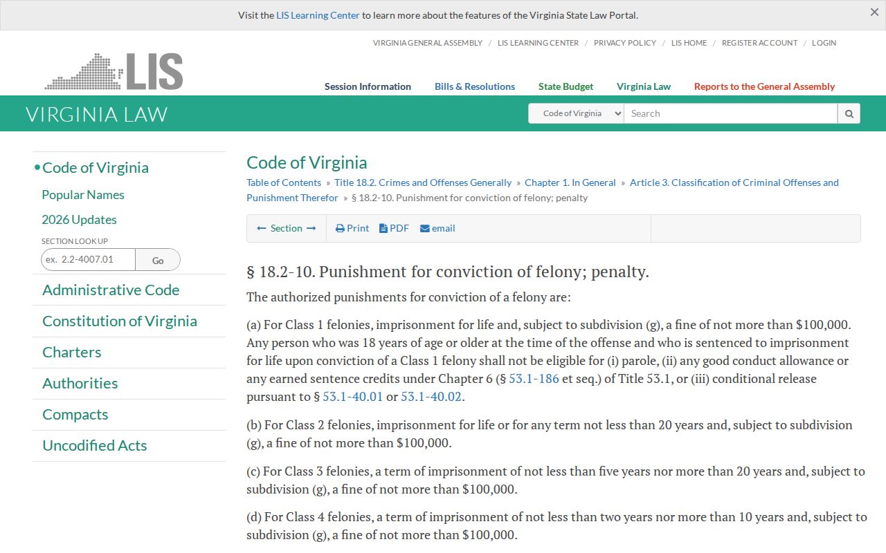 Virginia felony statute used to read Carroll County criminal court case classifications