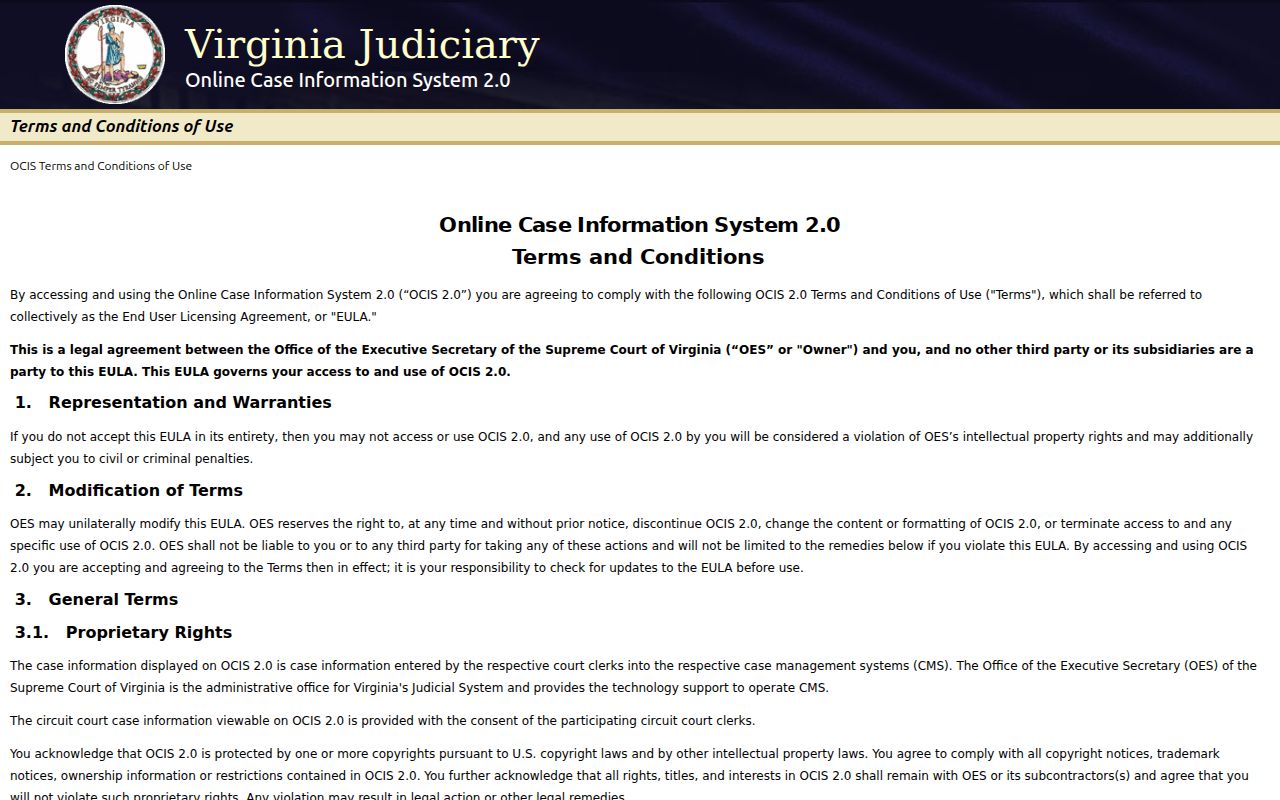 Virginia OCIS landing screen for Carroll County criminal court case searches